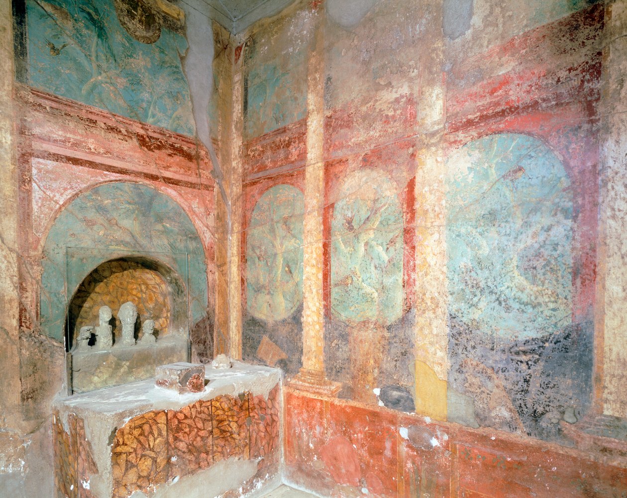 Værelse dedikeret til huslig tilbedelse af Lares, House of Menander, Pompeji, Campania, romersk civilisation af Roman Roman