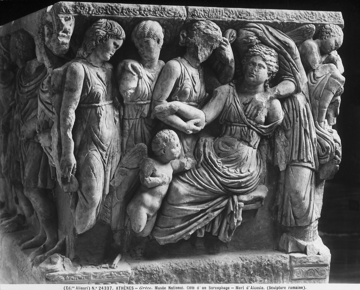 Sarkofagrelief med Alcestis død (marmor) af Roman Roman
