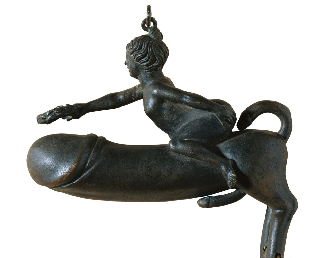 Sasamon Phallus. 1. årh. Dyr med bryst, ben og hale formet som en glans, monteret af en kvinde med laurbærkrans. Amulet mod det onde øje. Romersk kunst. Det tidlige imperium. Skulptur på bronze. SPANIEN. CATALONIA. BARCELONA. Barcelona. Cataloniens arkæolo af Roman Roman