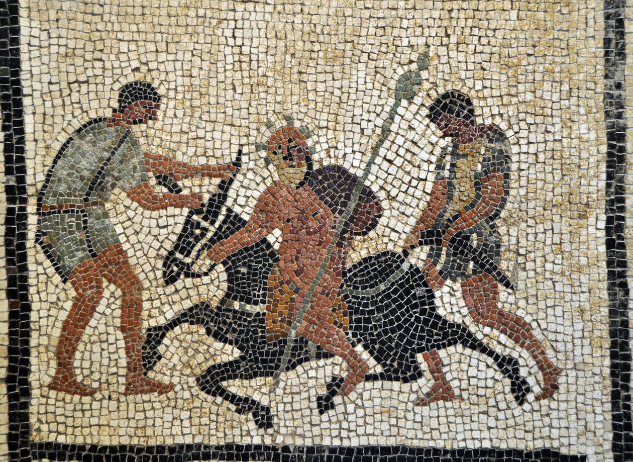 Sileno ebbro: Den berusede Silene rider på et æsel, der holdes af to tjenere. Mosaik fra Pompei, Paquius Proculus