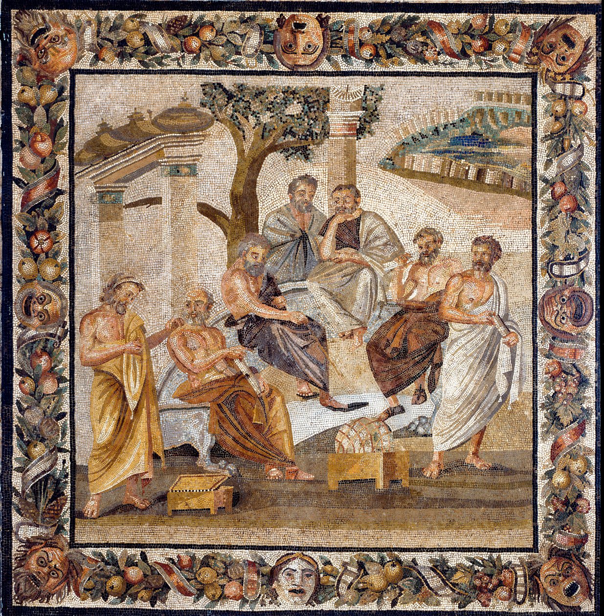 Akademiet af Platon: filosoffen, der sidder i midten, underviser en gruppe disciple fra Akademiet i Athen (grundlagt af ham i 378 f.Kr.) - Mosaik fundet i Boscotrecase, nu udstillet på Nationalmuseet, Napoli. - Platons Akademi: filosoffen - af Roman Roman