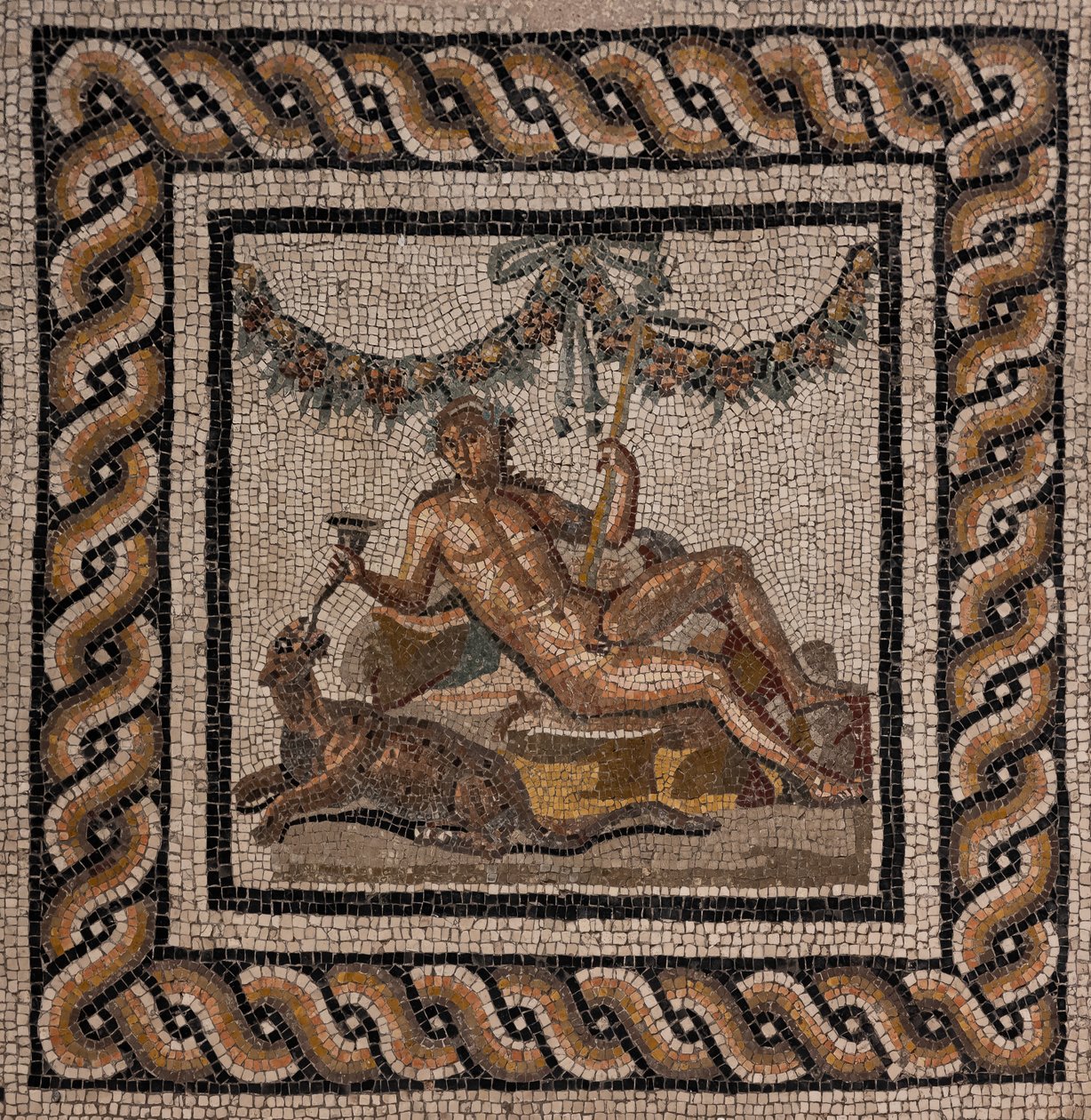 Dionysos hus, en af de romerske domus i Ortaglia: detalje af mosaikgulvet, der repræsenterer Dionysos og panteren (mosaik) af Roman Roman