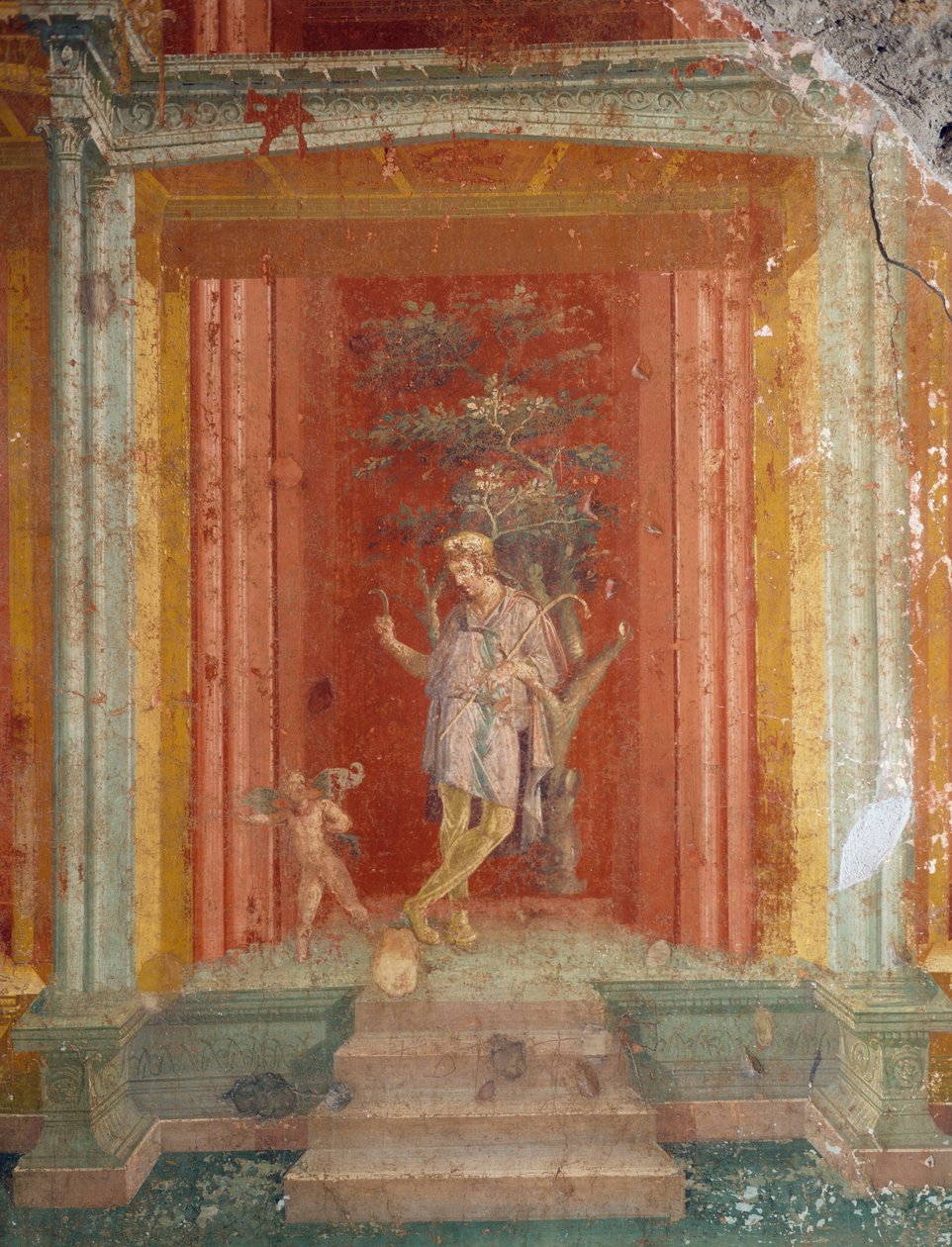 Teaterscene, fresco (IV-stil) på rød baggrund fra House of Pinarius Cerialis, Pompeji (Unescos verdensarvsliste af Roman Roman