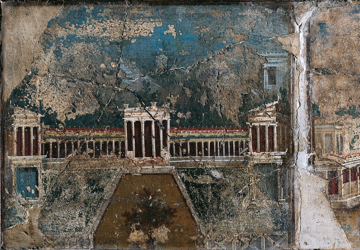 Tredje stil fresko af arkitektonisk landskab, detalje af bygning omkranset af søjlegange, fra Pompei af Roman Roman