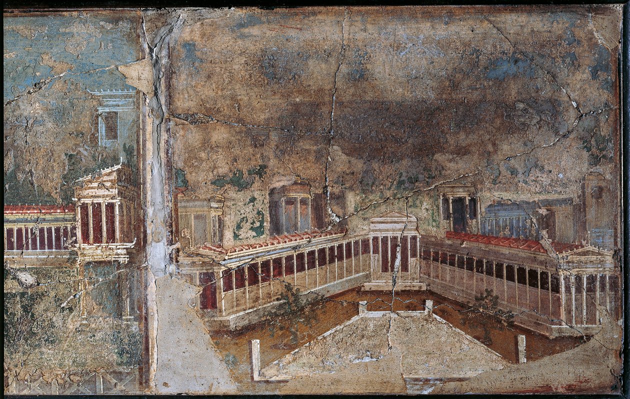 Tredje stil fresko af arkitektonisk landskab, detalje af søjlegange, fra Pompeji af Roman Roman