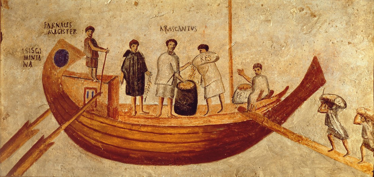 Lossning af korn fra skibet, Isis Giminiana, fra Ostia, 2.-3. århundrede (fresko) af Roman Roman