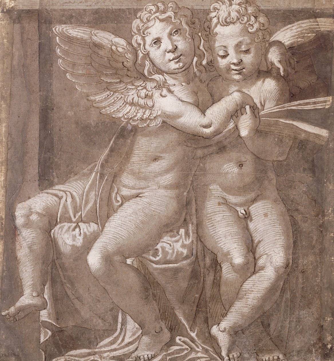To siddende engle synger, efter Polidoro da Caravaggio (pen og brun blæk, brun vask med hvidt på gråblåt papir) af Roman School