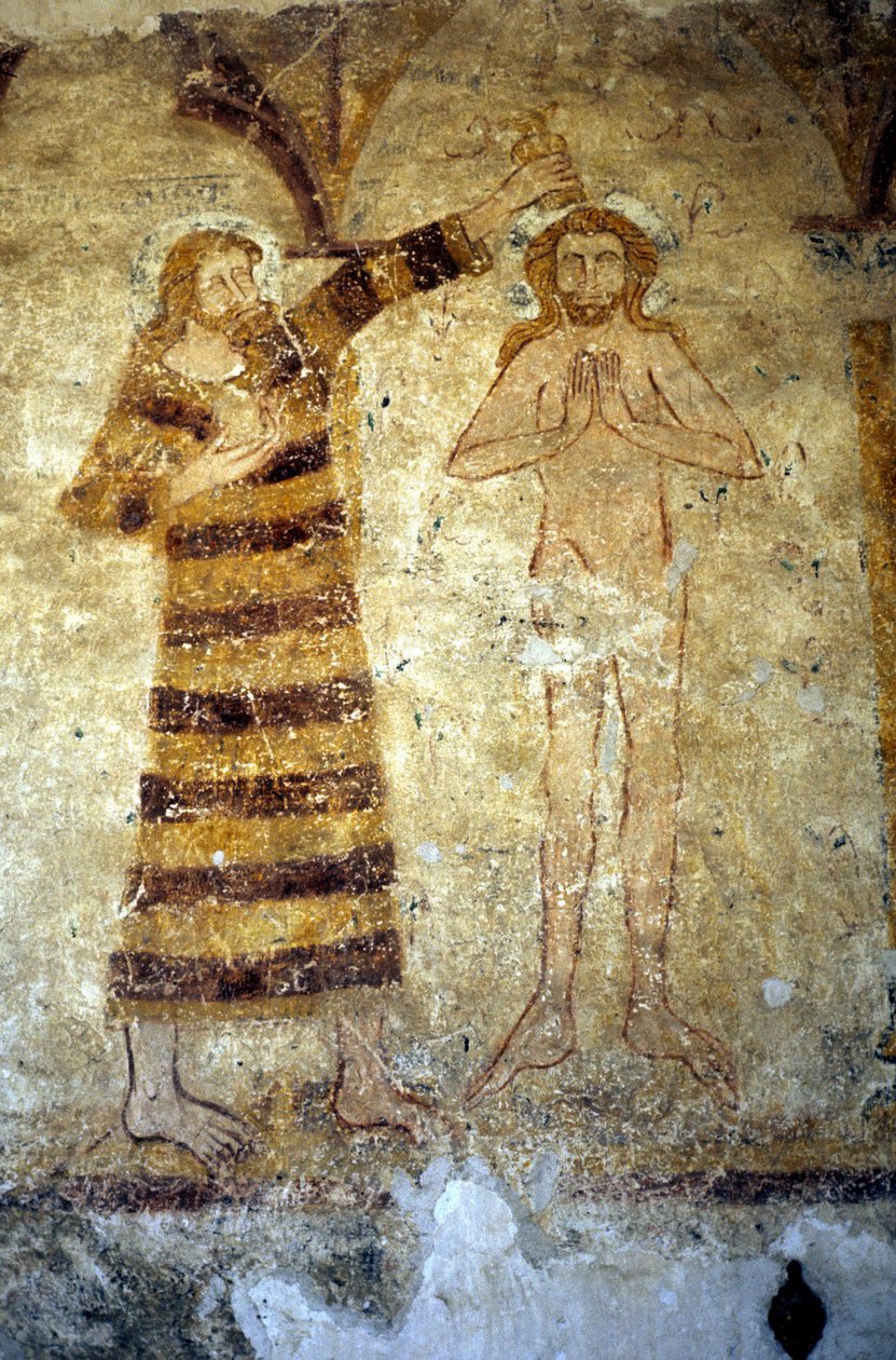 Vægmalerier fra det 12. århundrede i den romanske sognekirke Asnieres sur Vegre (Sarthe), der forestiller Kristus døbt af Johannes Døberen. af Romanesque