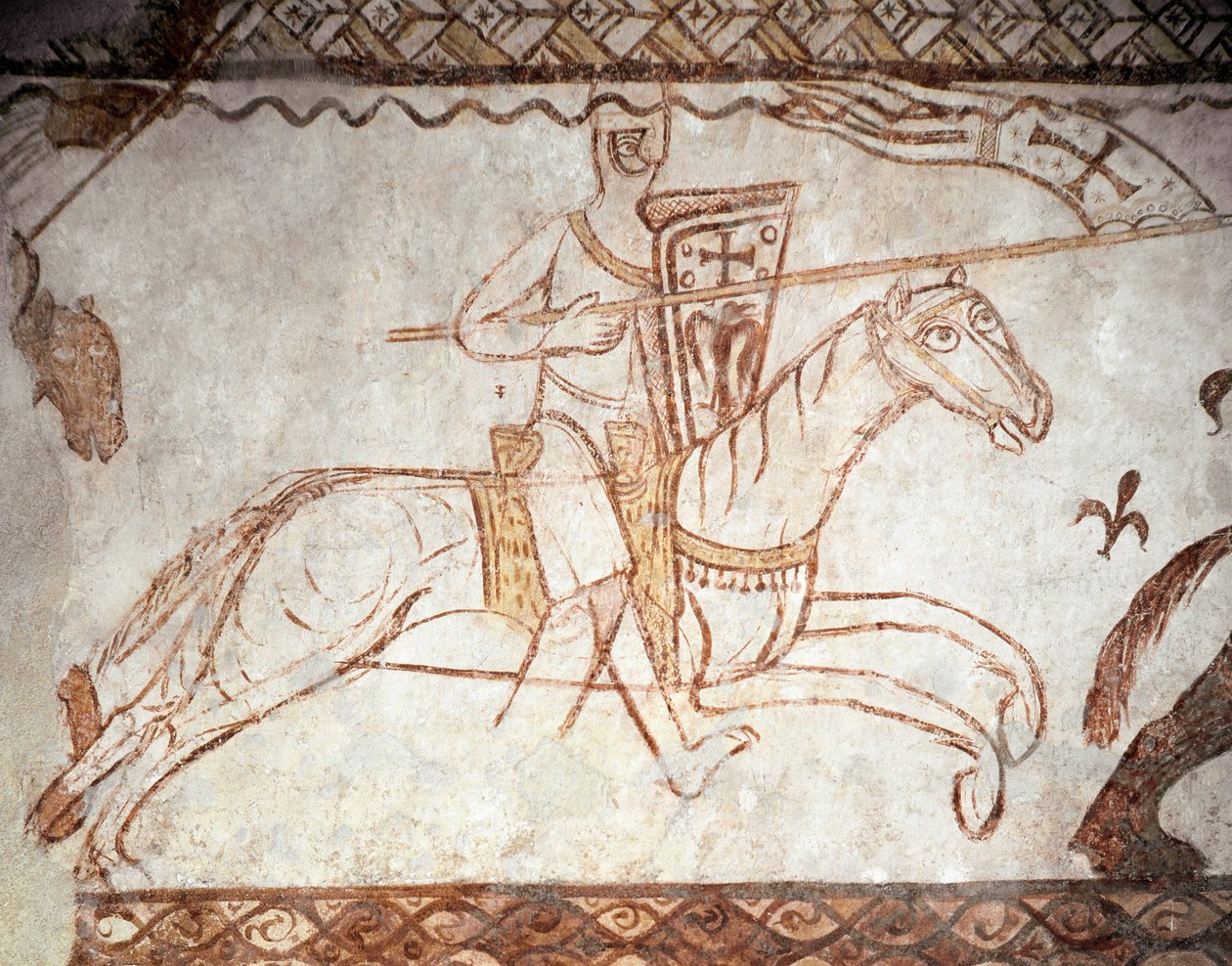 Korstog: Ridder af Tempelherreordenen. Romansk kunst. freske af kapellet i Cressac (Cressac-Saint-Genis en Charente) af Romanesque