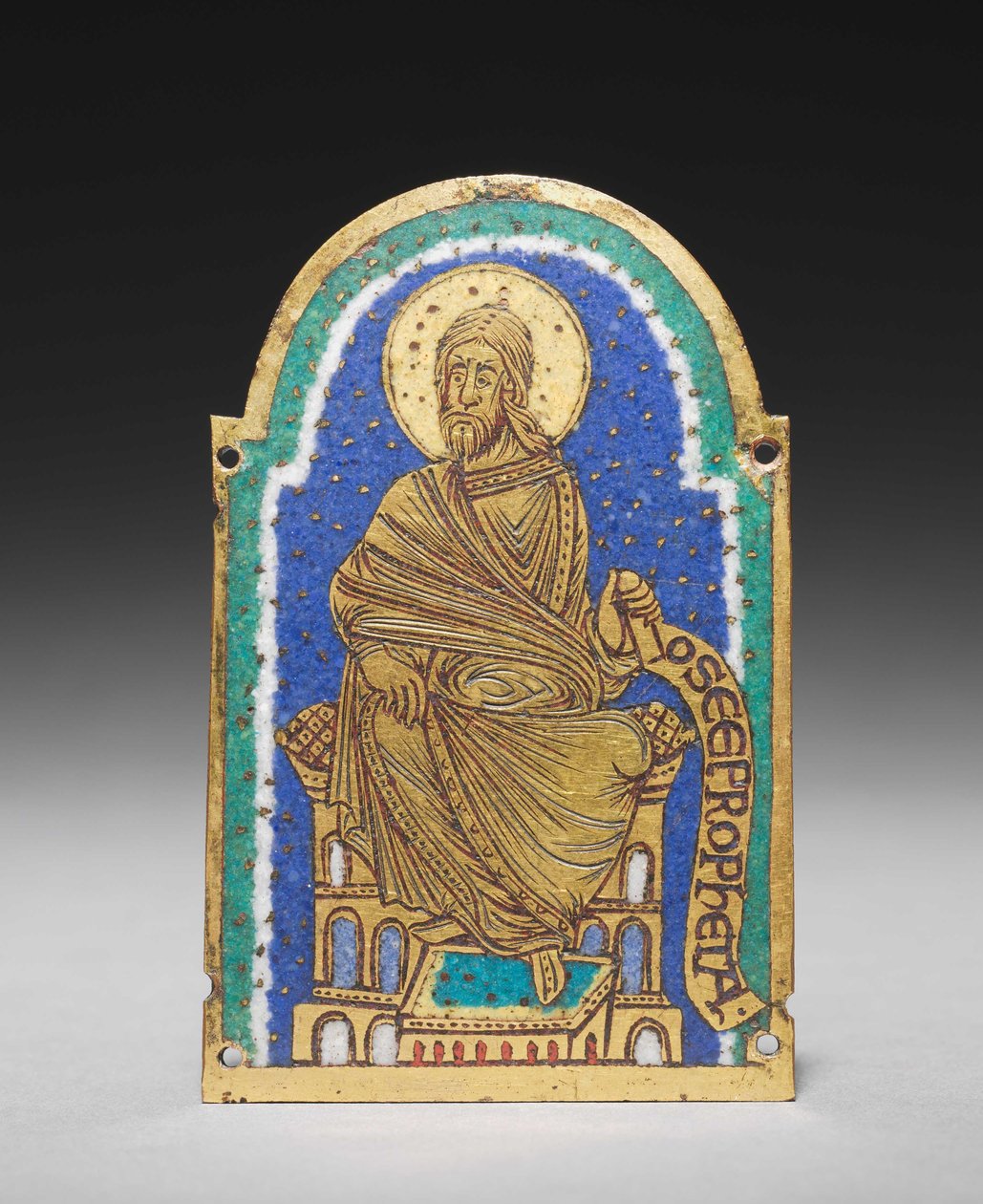 Plade: Siddende profet fra et relikvieskrin: Osea (Hosea), ca. 1170-1180 (forgyldt kobber, champlevé-emalje) af Romanesque