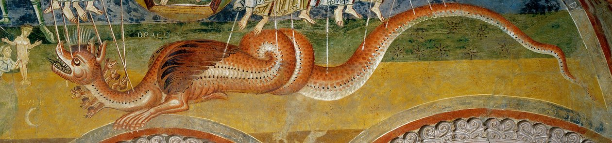 Repræsentation af apokalypsen. Detalje, der viser monsteret med syv hoveder, gennemboret af englepile af Romanesque