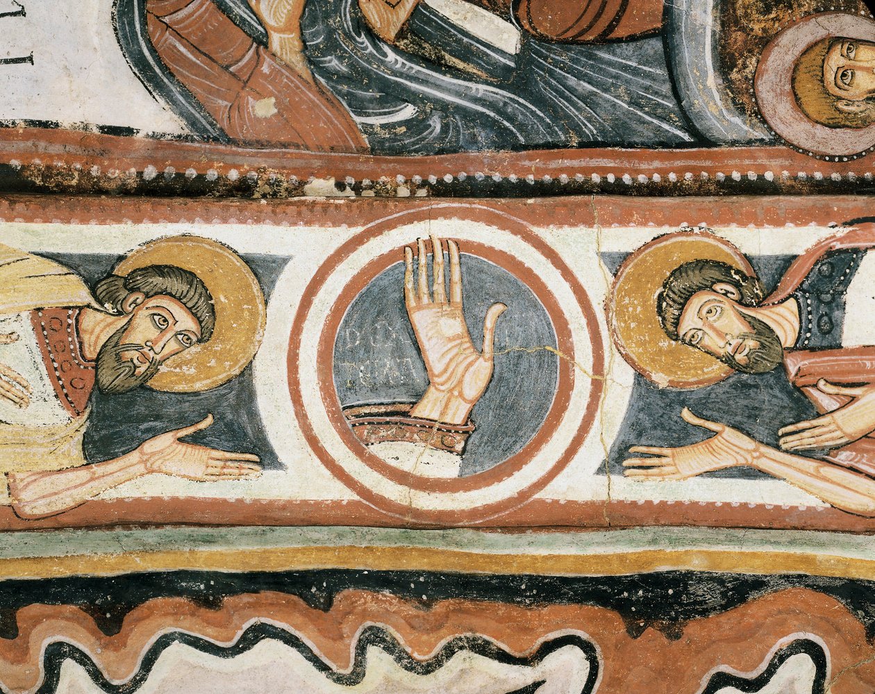 Romansk kunst: "" Guds højre hånd og patriarkerne Elias og Henoch (eller Enok). Detalje. Freske af Leon-skolen (Spanien). 1132. Jomfruens helligdom del Camin af Romanesque