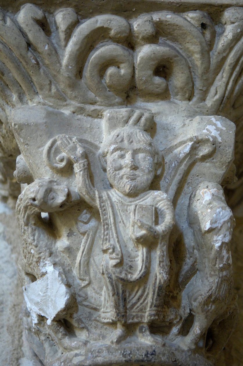 Romansk kunst: detalje af en hovedstad i kirken Saint Blaise, Lacommande (Atlantiske Pyrenæer) af Romanesque