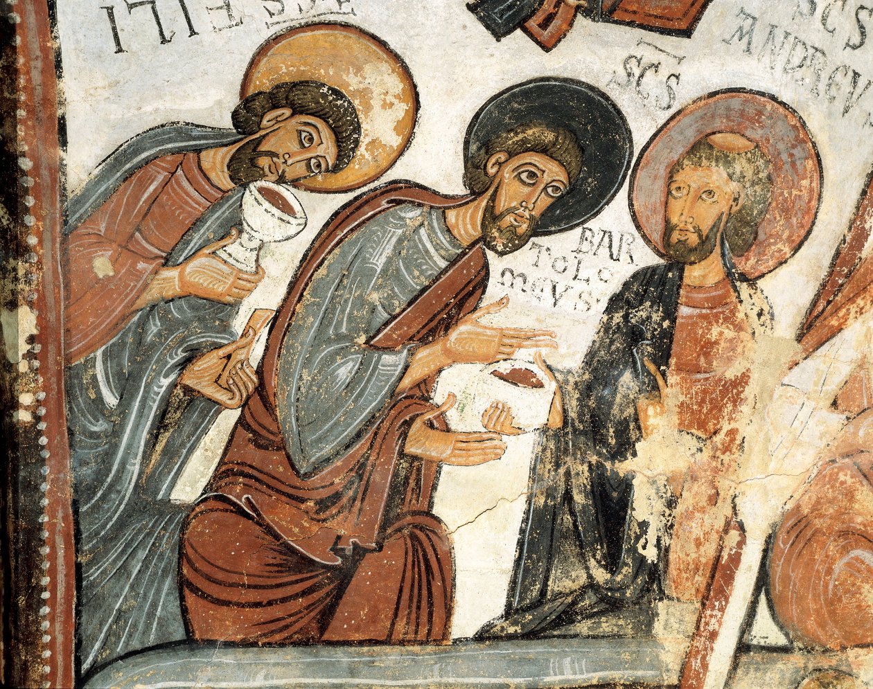 Romansk kunst: "" apostlene Philip, Barthelemy og Andre "" Fresco of the Vote of the Cene, Church of St. Isidore 12. århundrede Real Colegiata af San Isidoro, Leon af Romanesque