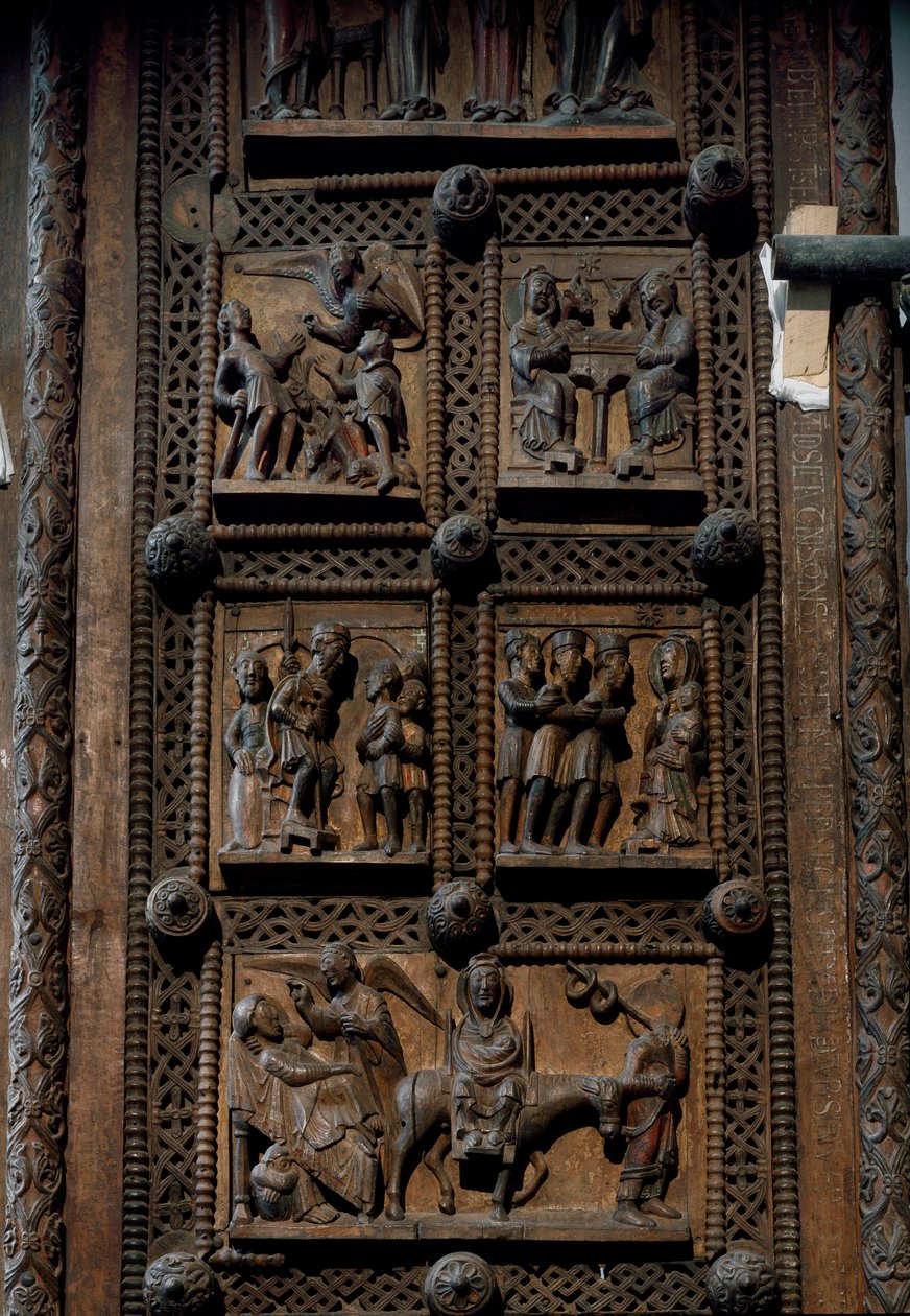 Romansk kunst: trædør fra midten af det 12. århundrede til kirken St. Mary of the Capitol i Köln, Tyskland (Sankt Maria im Kapitol, Köln). Scener, der skildrer annonceringen til hyrderne, fødselaren, magikernes tilbedelse og af Romanesque