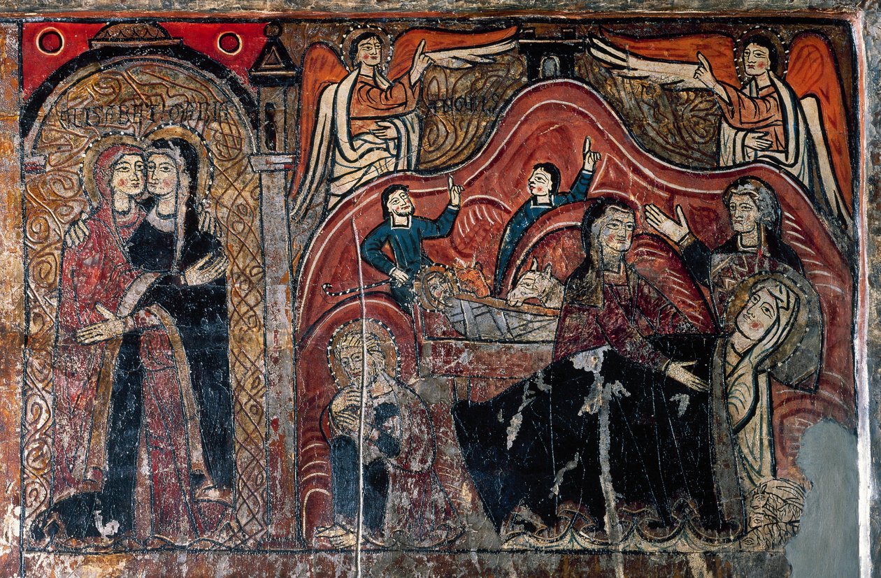 Visitationen og Fødselen med jordemødrene Celomi og Salome, detaljer af Romanesque