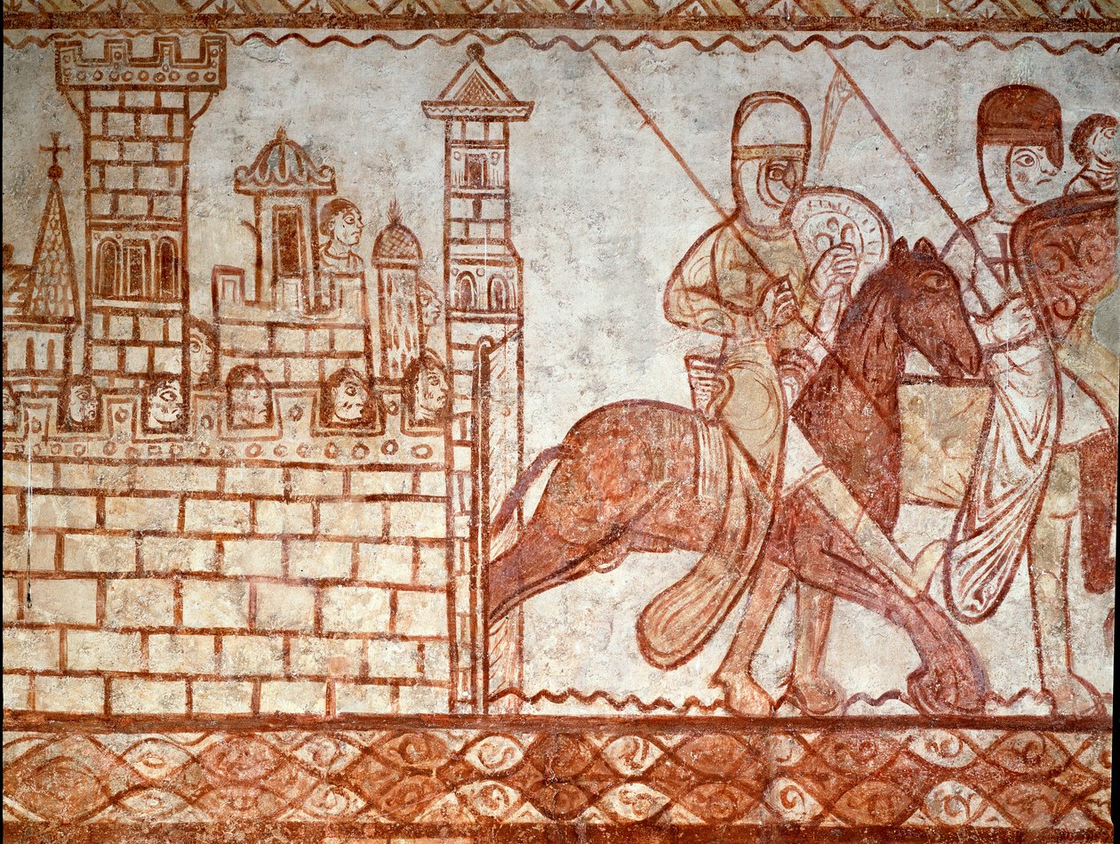 Belejringen af Damaskus (detalje af freskomaleriet af templarkapellet i Cressac Saint Genis) af Romanesque