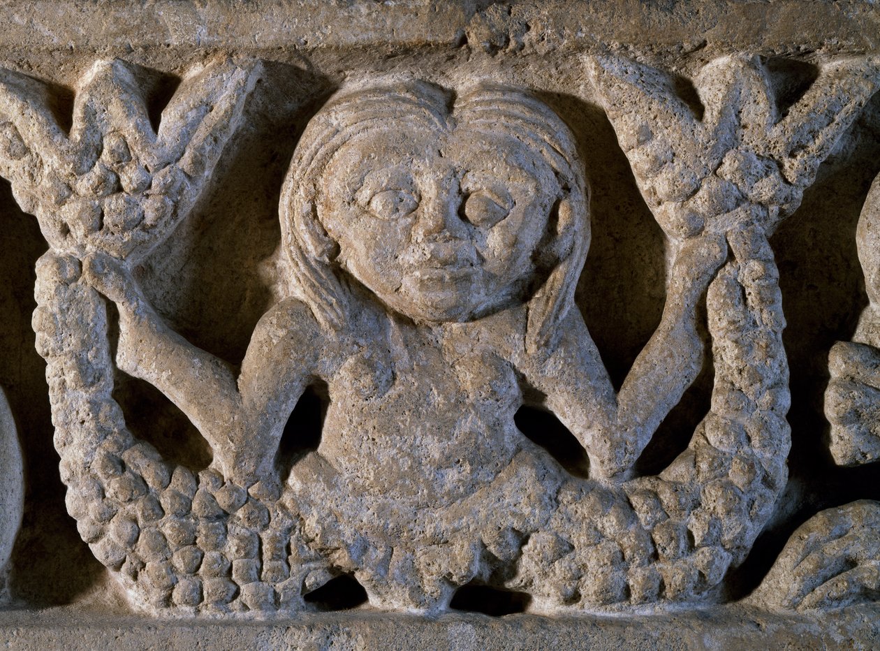 Tohalet havfrue, detalje fra romansk frise, Italien af Romanesque