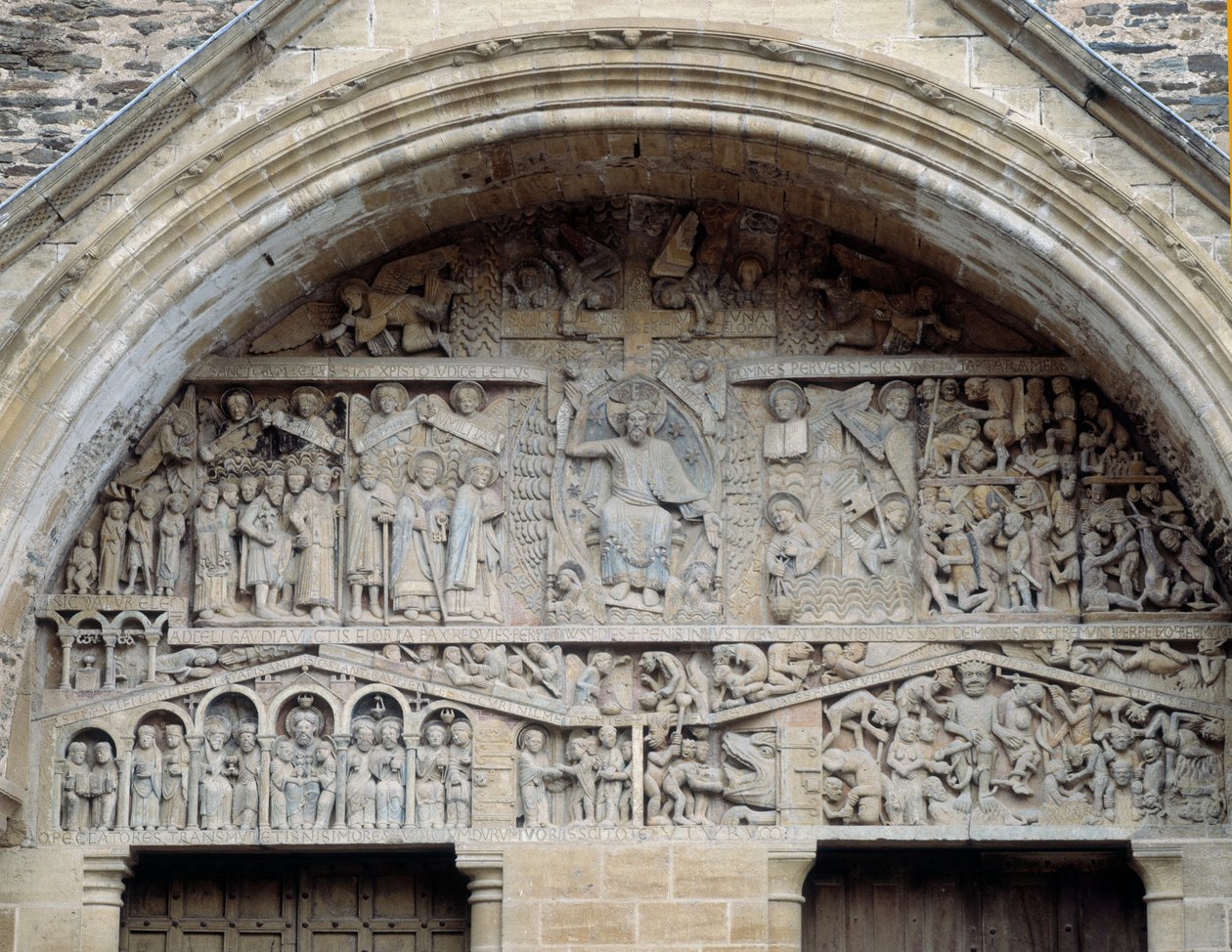 Udsigt over den sidste doms tympanon, Kristus mellem paradis og helvede (skulptur af Romanesque