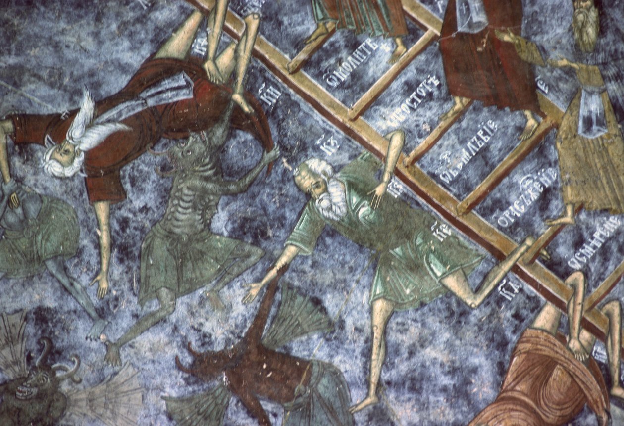 Syndere slæbt af dæmoner, detalje af Himlens Stige-maleri, kirkens nordvæg, ca. 1601 af Romanian School