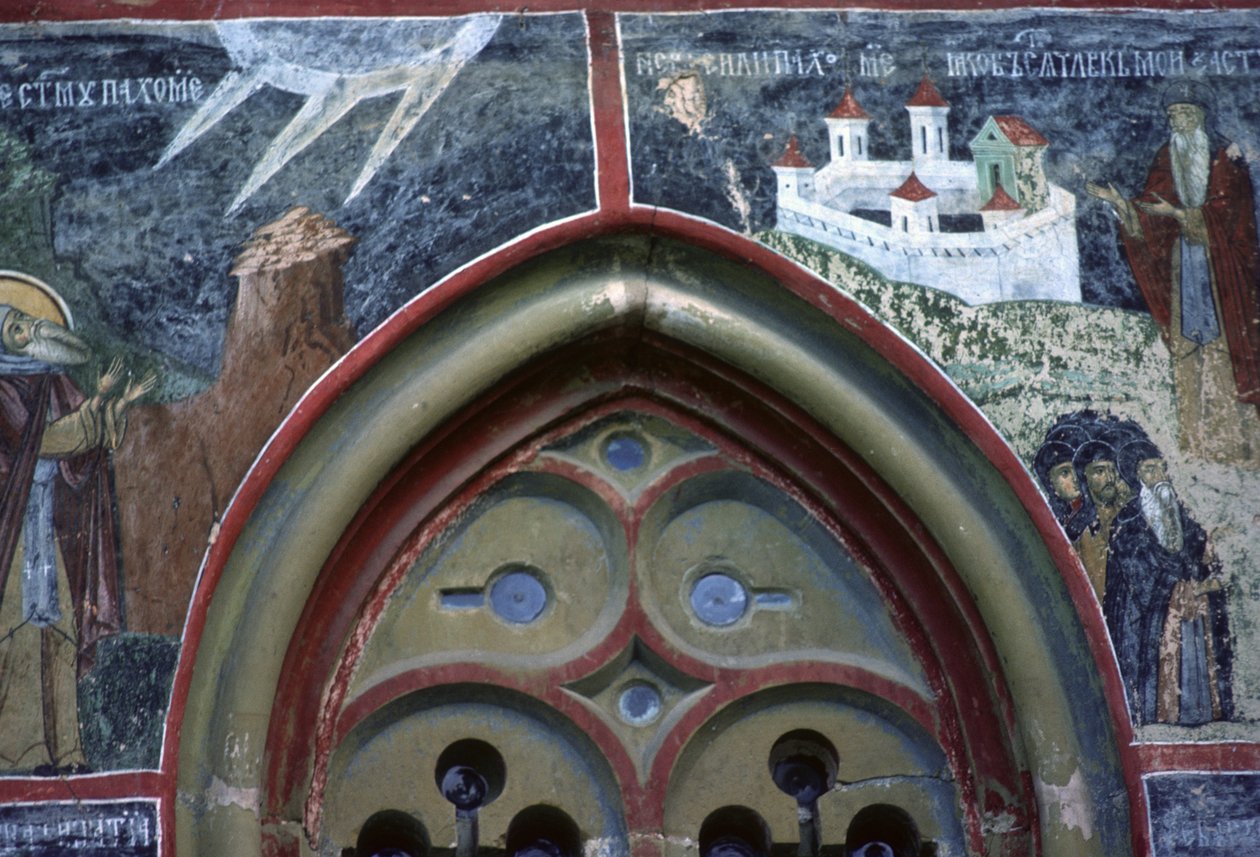 Gotisk vindue og St. Pachomius liv, fra kirkens nordvæg, ca. 1601 af Romanian School