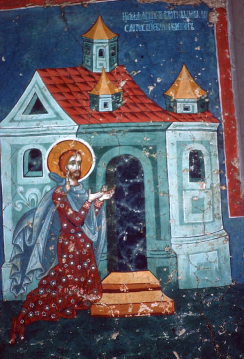 St. Nicetas beder foran en kirke af Romanian School