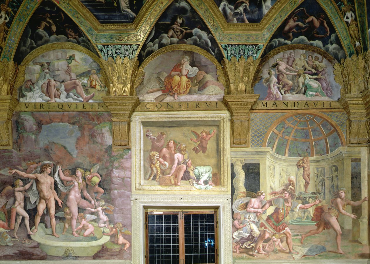 Psykens rum. Venus og Mars bader; Bacchus og Ariadne; Venus og Adonis overraskede af Mars af Romano Giulio