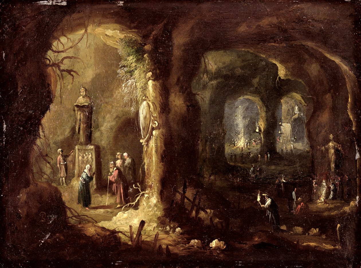 Grotte med statuer og talrige figurer, der tilbeder afguder (Sankt Simeon Stylites), ca. 1640 (olie på kobber) af Rombout van Troyen