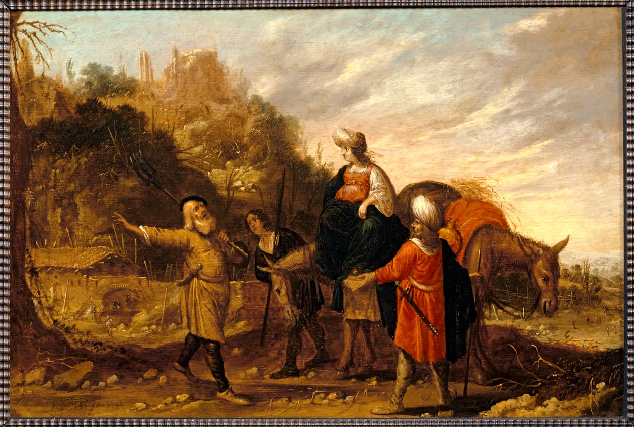 Guehazi vender tilbage fra sunamittens hus og går for at møde Elisee. 1644 ... af Rombout van Troyen
