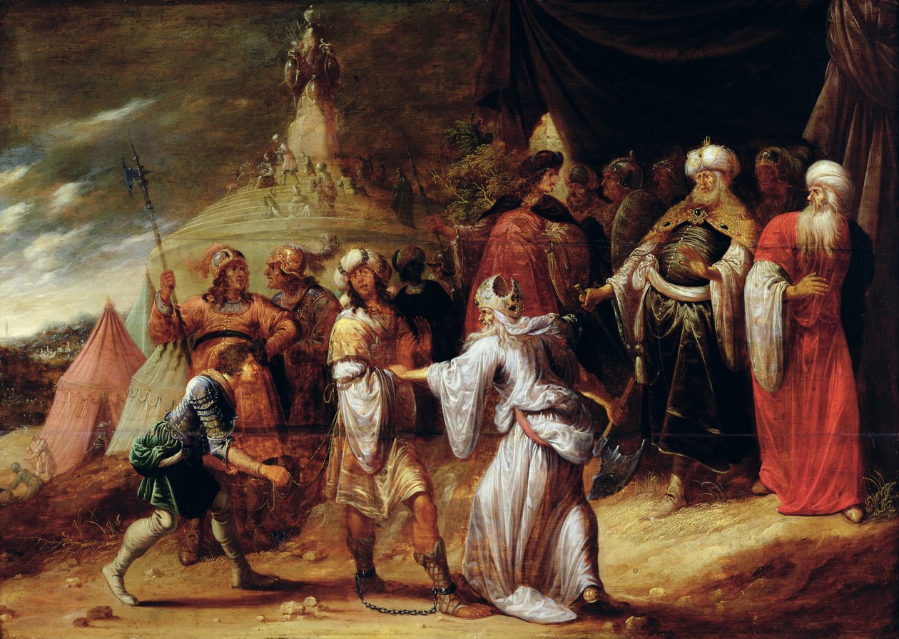 Samuel dræber Agag, Amalekiternes konge (olie på panel) af Rombout van Troyen