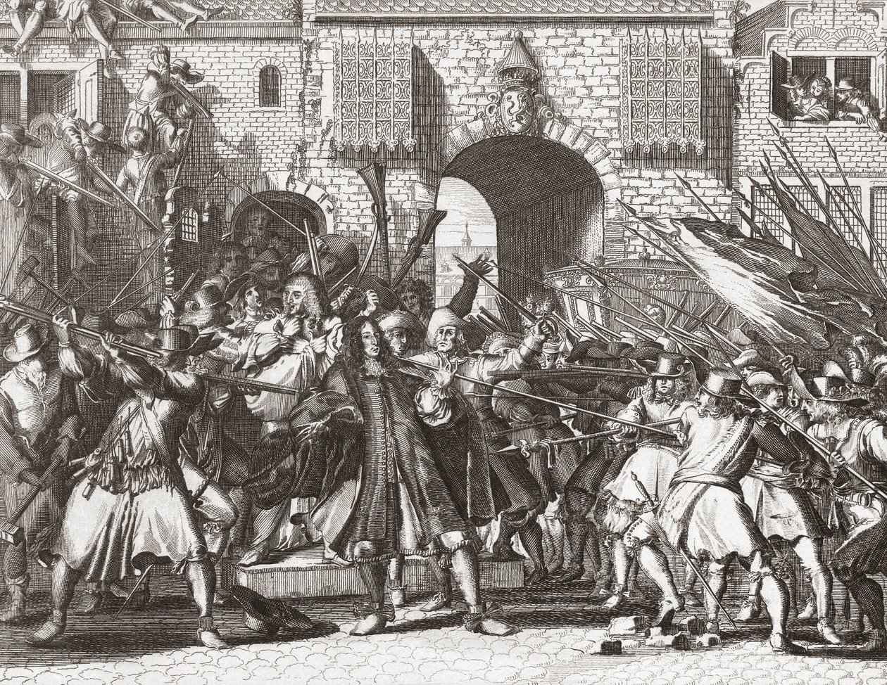 Lynch-pøbel, der griber de Witt-brødrene af Romeyn de (after) Hooghe