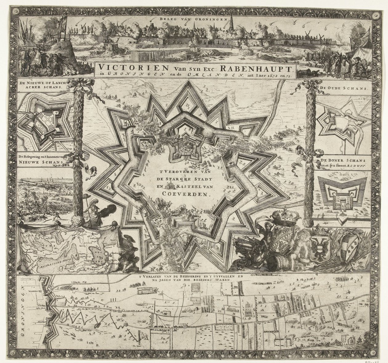 Rabenhaupts sejre i Groningen i årene 1672-1673 Victorien van syn exc. Rabenhaupt, i Groningen og Omlanden, int iaer 1672 og 73 (titel på objekt) af Romeyn de Hooghe (attributed to)