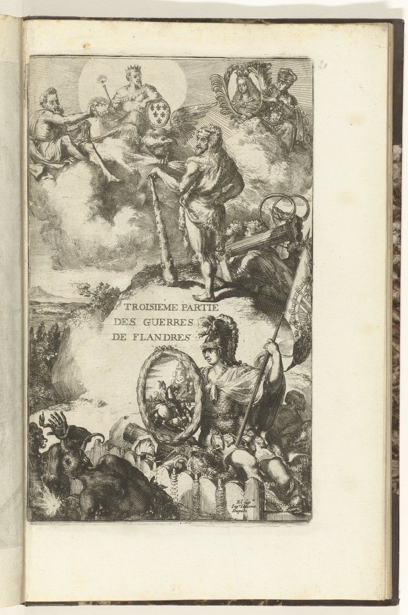 Titeltryk til tredje del af Guerres de Flandres Troisieme partie des Guerres de Flandres (titel på objektet) Guerres de Flandres (serietitel) af Romeyn de Hooghe (attributed to)