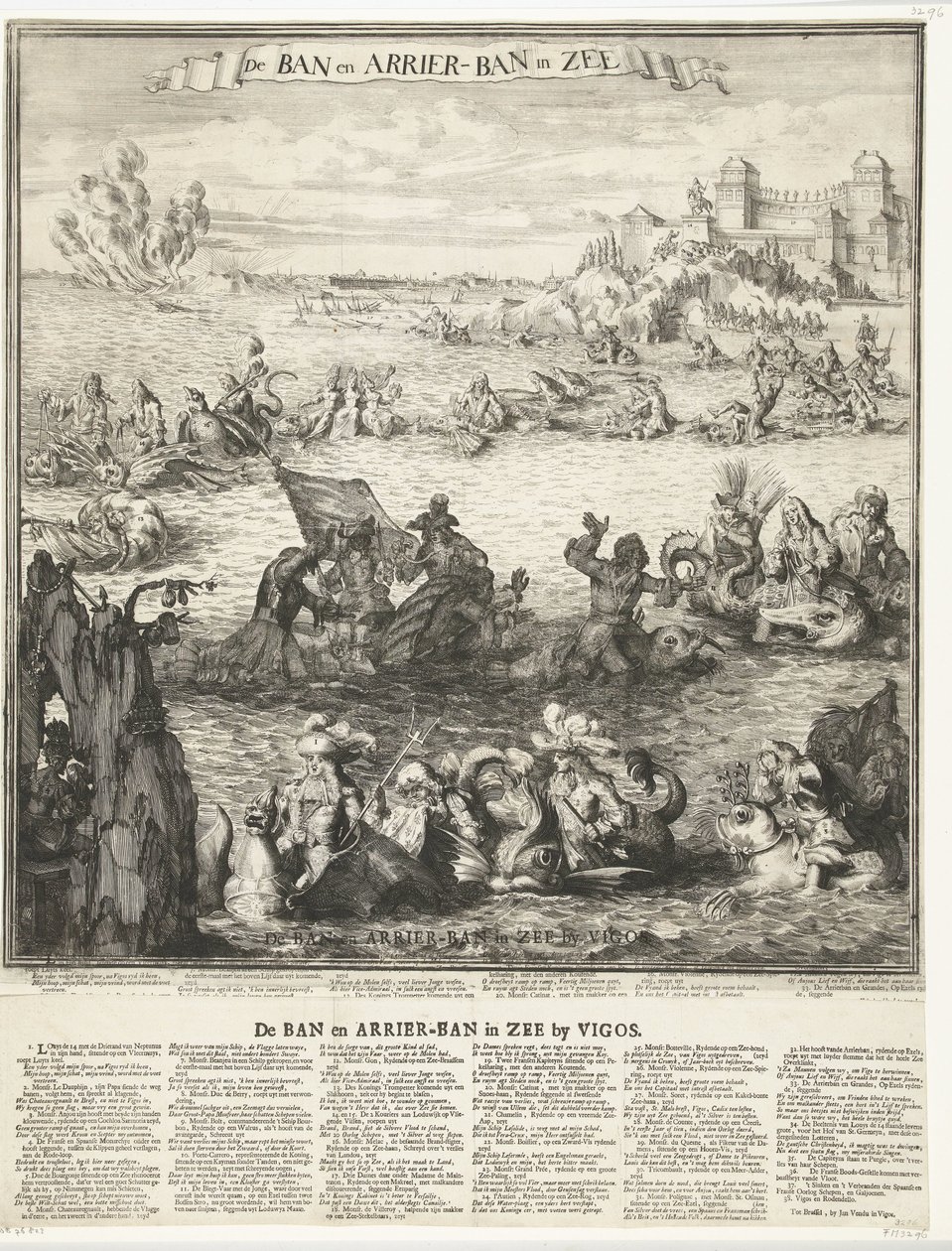 Tegneserie af indtagelsen af ​​sølvflåden i Vigo, 1702 Forbud og ankomstforbud i havet (titel på objekt) Forbud og ankomstforbud i havet ved Vigos (titel på objekt) af Romeyn de Hooghe (possibly)