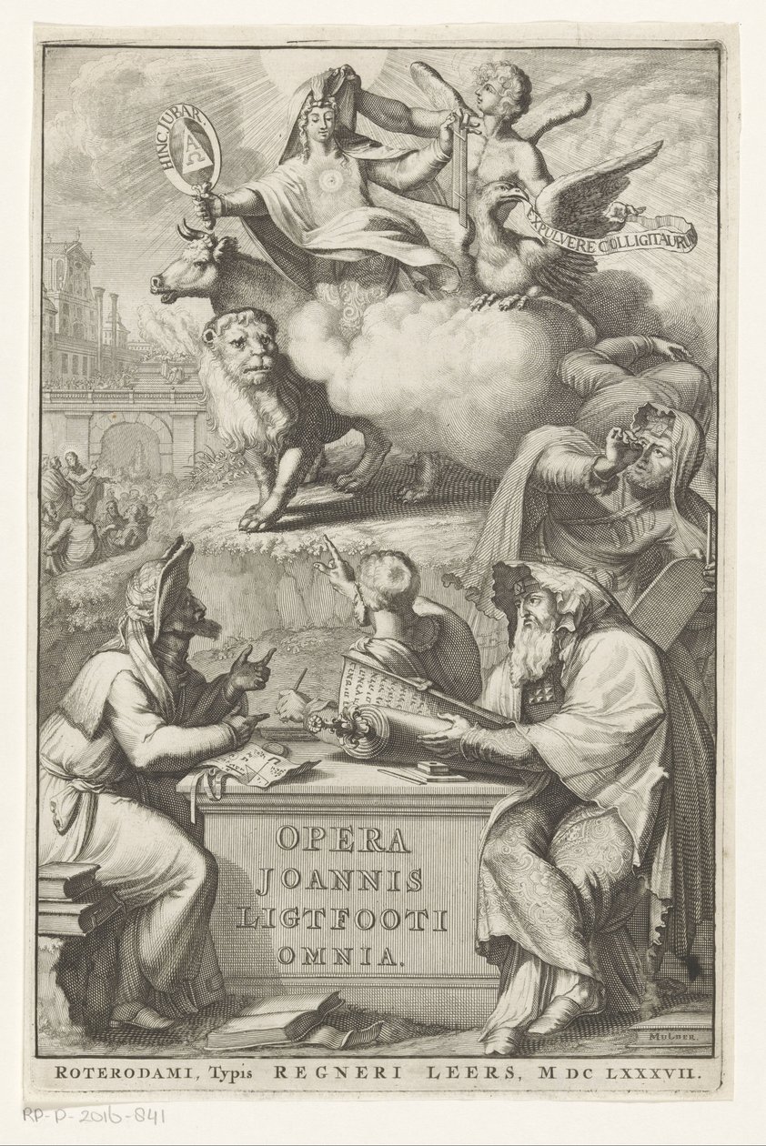Allegorisk figur med jødisk mand Titelside for: John Lightfoot, Opera Joannis Ligtfooti omnia, 1686 af Romeyn de Hooghe