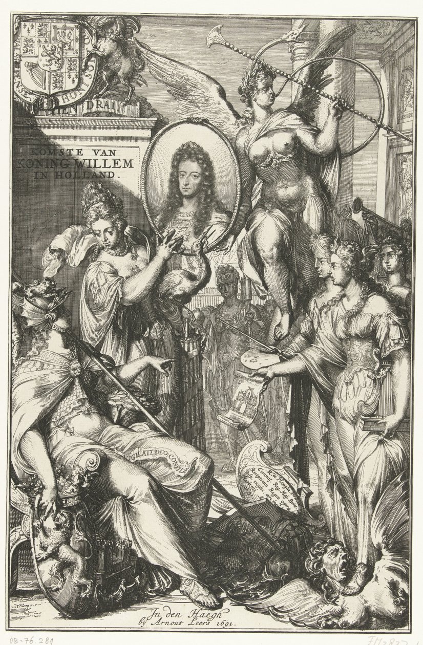 Allegorisk frontispice med portræt af Vilhelm III Kong Williams ankomst til Holland (titel på objektet) af Romeyn de Hooghe