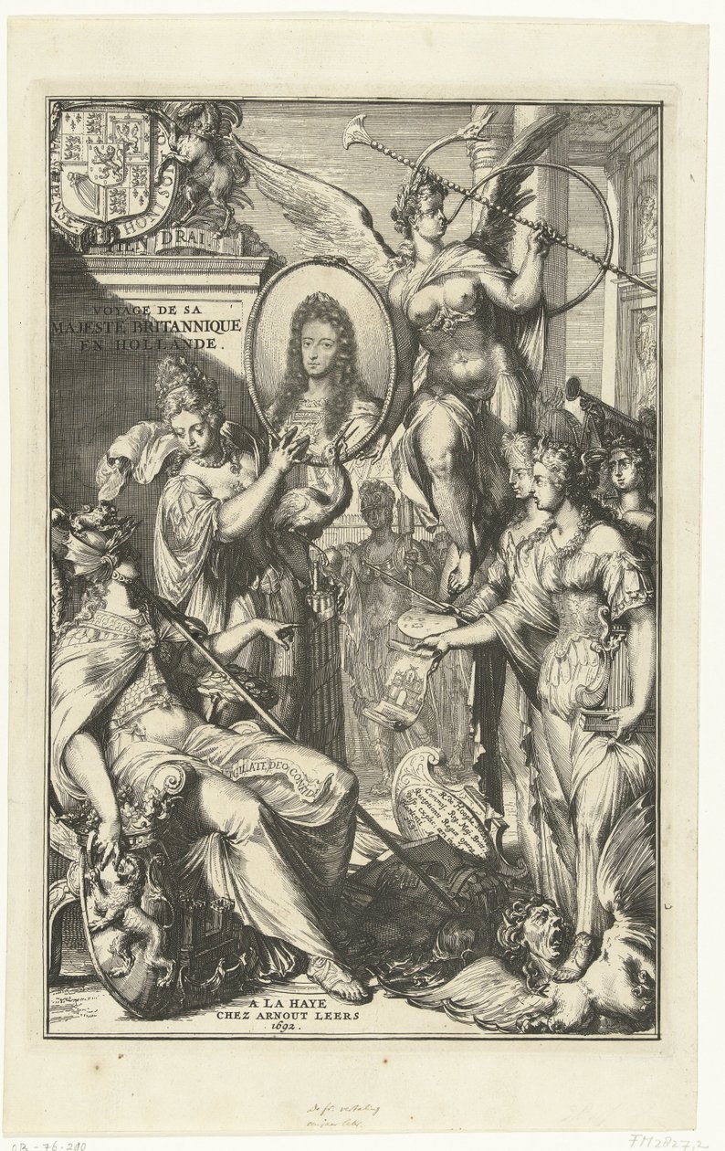 Allegorisk frontispice med portræt af Vilhelm III Voyage de sa Majeste Britannique en Hollande (titel på objekt) af Romeyn de Hooghe