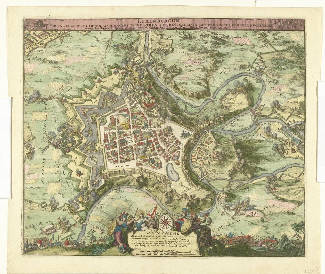 Bombardement fra Luxemburg af maarschalk de Créquy, 1684 Luxembourg, leder. efternavn metropol en chimacens-prins stren def. reg. Men Galliens våben optog ham. 4. juni Ao. 8834 (titel på objekt) af Romeyn de Hooghe