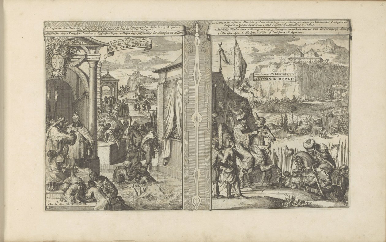 doopceremonier; Berg van Abessinië Doop-ceremonien / Ceremonier for dåben af ​​abissinerne og muskovitter osv. // Abyssiner Bergh / Abissinie-bjergene osv. (titel på objektet) Øst- og Vestindien og andre steder (serietitel) af Romeyn de Hooghe