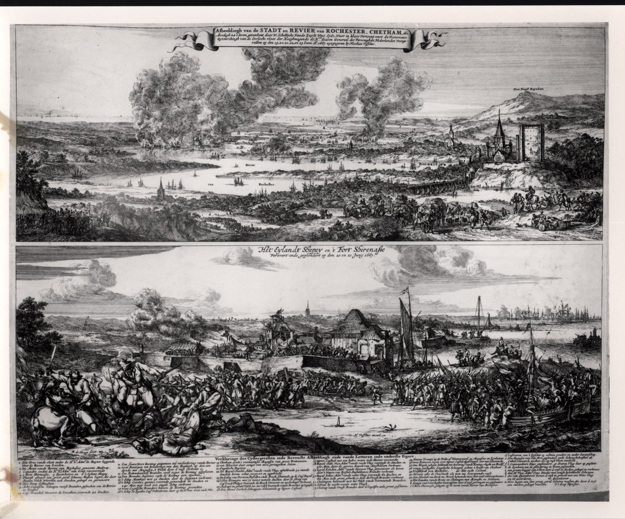 Hollandsk angreb på Medway-floden den 20. og 21. juni 1667, graveret af Nicolas Visscher (1618-1709) af Romeyn de Hooghe