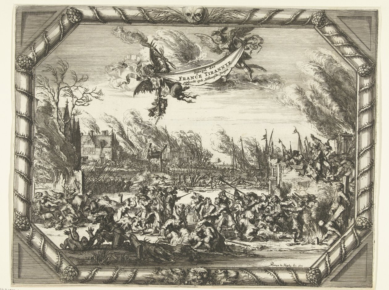 Franske grusomheder i Bodegraven og Zwammerdam, 1672 Spiegel der France Tirannye bønfaldt ved Hollantsche Dorpen (titel på objekt) af Romeyn de Hooghe