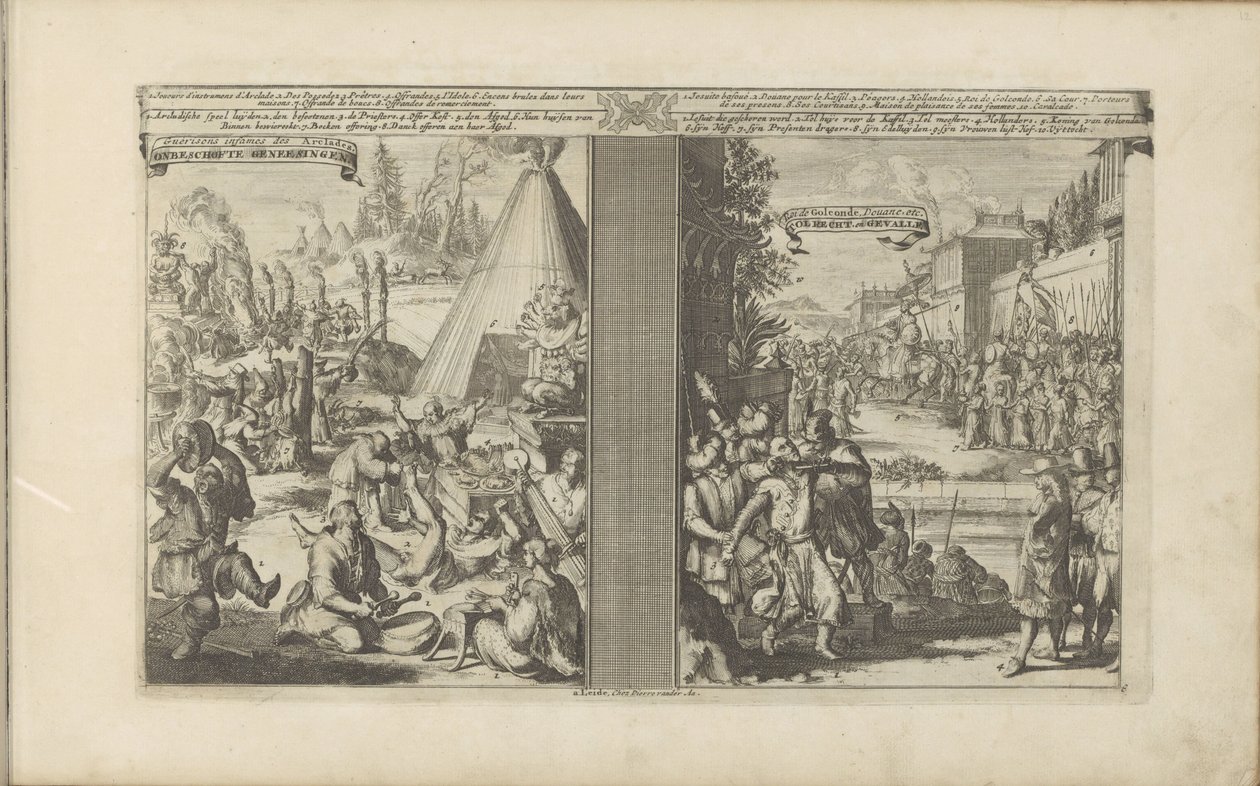 Læger i Arclada; Jesuit barberet af en tollmaster i Golkonda Guerisons infames des Arclades / Rude Healings // Roi de Golconde, Douane, etc / Tolrecht, en Cases (titel på objekt) Les Indes Orientales et Occidentales et autres af Romeyn de Hooghe