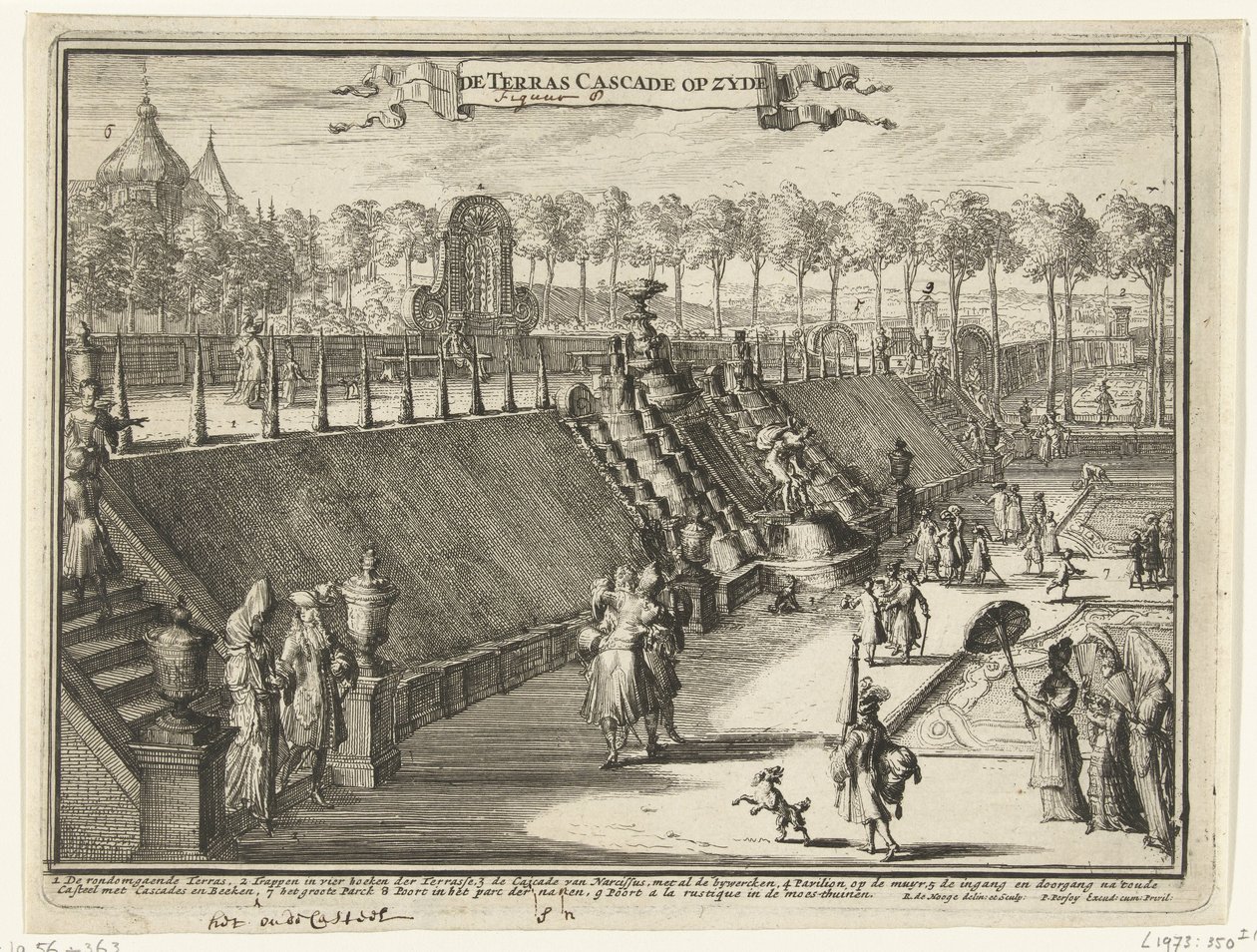 Udsigt (fra siden) af et terrassevandfald i parken Paleis Het Loo The Terrace Cascade på siden (titel på objekt) Udsigt over Paleis Het Loo, de tilhørende bygninger og den tilhørende park (serietitel) af Romeyn de Hooghe