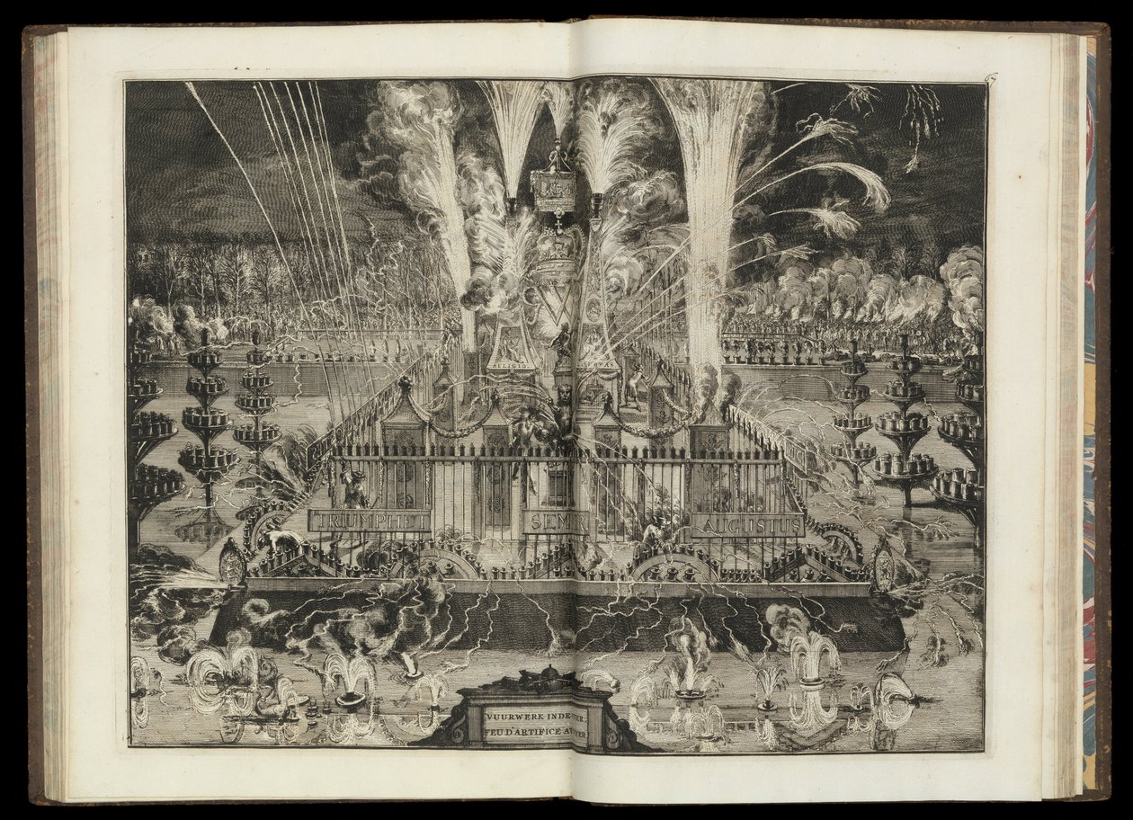 Stort fyrværkeri. Fra "Hans britiske majestæts triumferende hjemkomst til Holland" (CBL AL 146, pl.67). af Romeyn de Hooghe