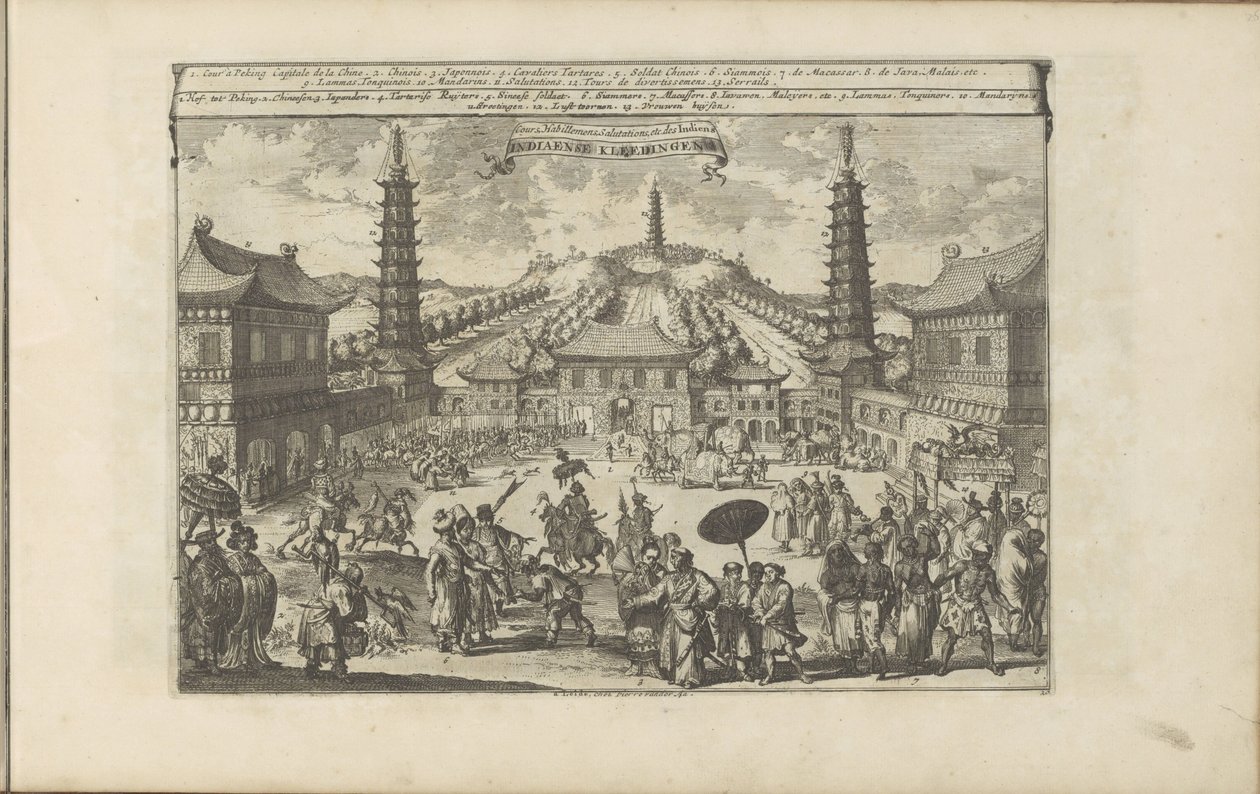 Hof i Beijing Indiaense Kleedingen / Klasser, forbindinger, hilsner osv. indianere (titel på objekt) Øst- og Vestindien og andre steder (serietitel) af Romeyn de Hooghe
