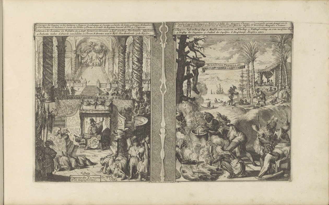 Tartarkejserens hof; Brasilianske Tapoeiers tilbereder deres mad Tartarische Keyzer / Empereur des Tartares et sa magnificence // Brasiliaensche Clothing / Brasiliens, Tapuyers, etc (titel på objektet) Les Indes Orientales et Occidentales et autre af Romeyn de Hooghe