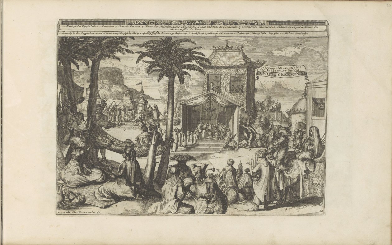 Huwelijksceremoni Huwlyks-ceremonien / indianernes og andres bryllupsceremonier (titel på objektet) Øst- og Vestindien og andre steder (serietitel) af Romeyn de Hooghe