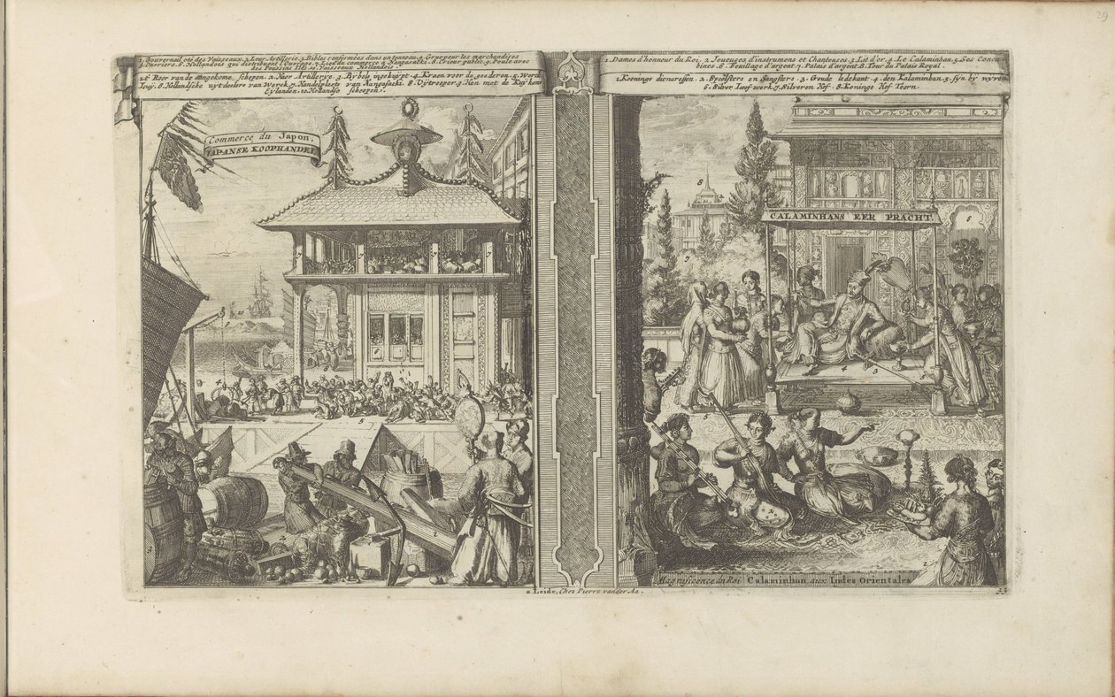 Japansk købehandel; Hof van de koning van de Calaminhans Japans koophandel / Trade of Japan // Calaminhans Eer Pracht / Magnificence of King Calaminhan, i Ostindien (titel på objektet) Øst- og Vestindien og andre steder (serie af Romeyn de Hooghe
