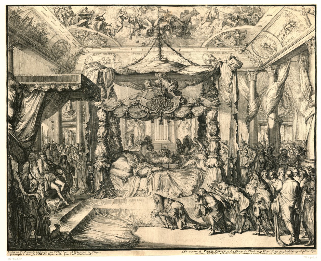 Dronning Mary II Stuart på sit dødsleje, 1695 Mary II Stuarts, dronning af Englands død og begravelse, 1695 (serietitel) af Romeyn de Hooghe