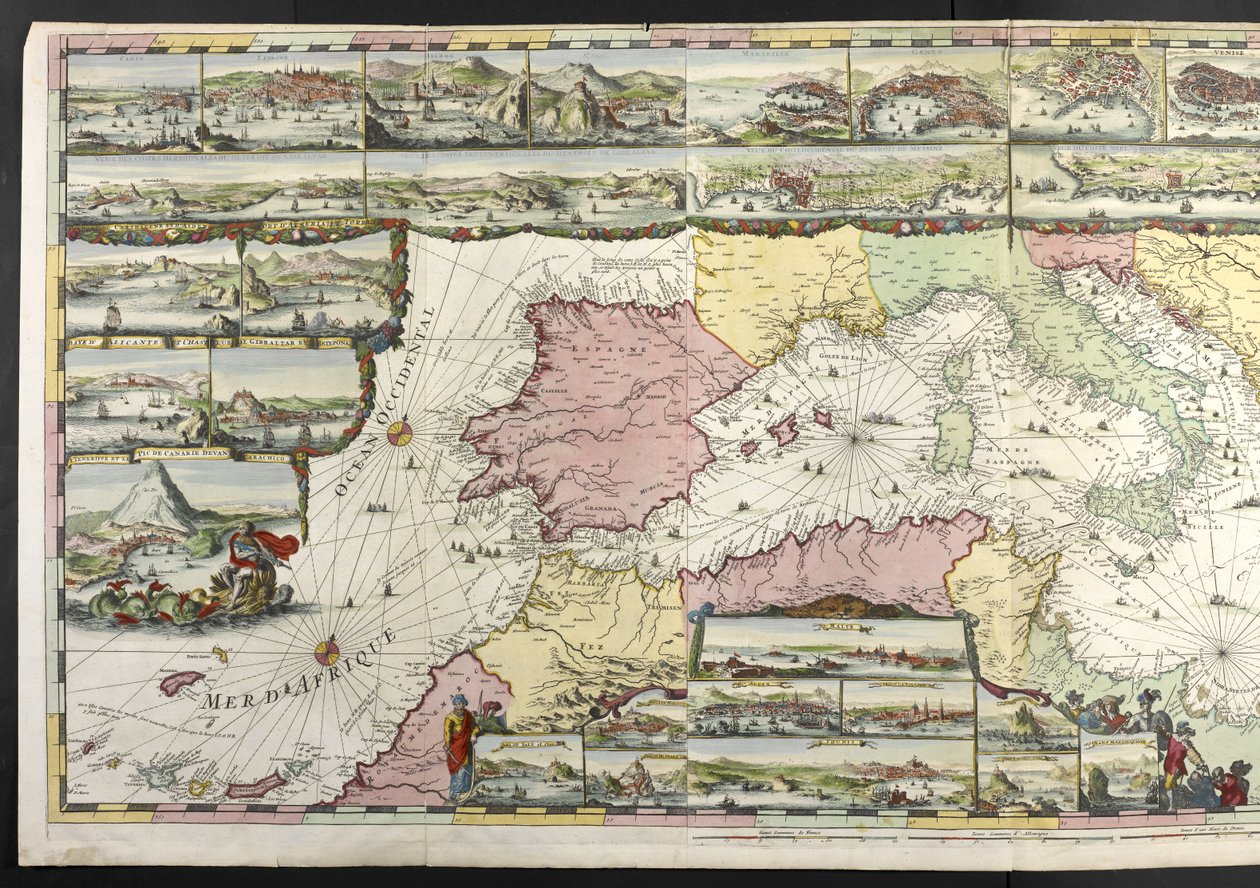 Kort over Middelhavet med allegoriske figurer og havmonstre, der pynter på indsætningerne, fra 